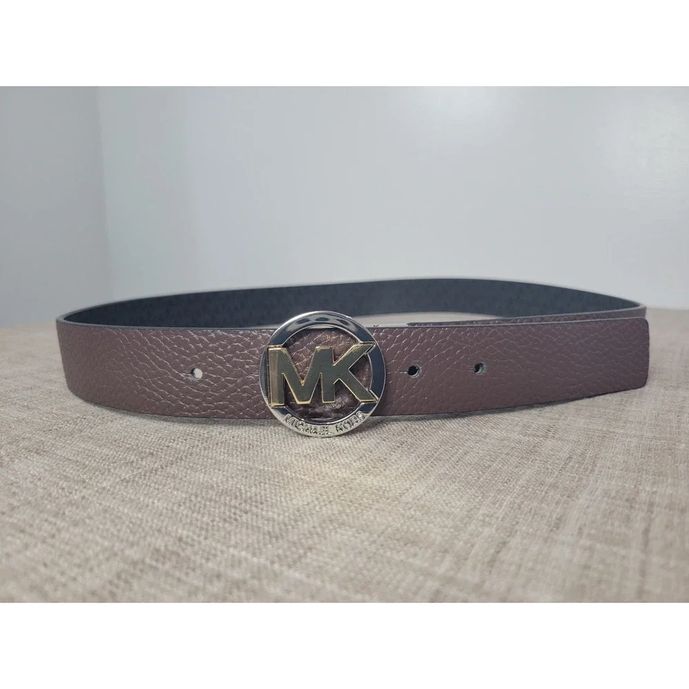 Michael Kors Reversible Belt Brown Pebbled Black Monogram MK Logo Buckle Medium‎